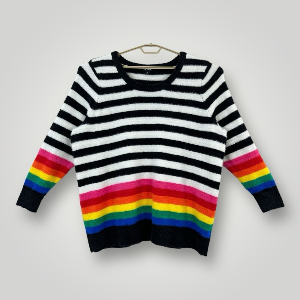 Torrid Eyelash Pullover Sweater Womens 3 3X Rainbow Striped Super Soft Cozy